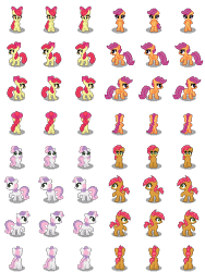 Size: 288x384 | Tagged: safe, artist:scootaloormayfly, derpibooru import, apple bloom, babs seed, scootaloo, sweetie belle, earth pony, pegasus, pony, unicorn, g4, bow, cutie mark crusaders, digital art, horn, pixel art, rpg maker, shadow, simple background, sprite, transparent background