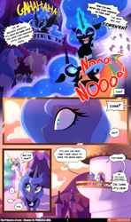 Size: 3541x5976 | Tagged: safe, artist:lummh, artist:regendary, derpibooru import, applejack, fluttershy, nightmare moon, pinkie pie, princess celestia, princess luna, rainbow dash, rarity, twilight sparkle, alicorn, pony, unicorn, comic:the princess of love, friendship is magic, g4, absurd resolution, comic, crying, dialogue, ethereal mane, ethereal tail, fangs, female, horn, mane six, mare, my little pony: friendship is magic, pun, s1 luna, slit eyes, smiling, speech bubble, starry mane, starry tail, tail