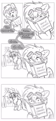 Size: 1921x4096 | Tagged: safe, artist:opalacorn, derpibooru import, oc, oc only, oc:gryph xander, oc:parallel pop, bird, pegasus, pony, unicorn, black and white, book, comic, dialogue, duo, duo male and female, female, goggles, goggles on head, grayscale, horn, male, mare, monochrome, nervous sweat, reading, speech bubble, stallion, sweat