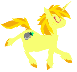 Size: 673x632 | Tagged: safe, artist:tech-impaired-anubis, derpibooru import, oc, oc only, pony, unicorn, 2012, eyes closed, full body, horn, lineless, simple background, solo, tail, white background, yellow coat, yellow mane, yellow tail