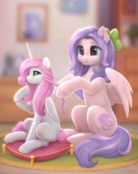 Size: 2072x2600 | Tagged: safe, artist:scheadar, derpibooru import, oc, oc only, oc:hollow moon, oc:lilac breeze, pegasus, pony, bow, braid, cushion, doll, duo, hair bow, hair styling, indoors, partially open wings, pegasus oc, toy, wings