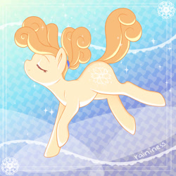 Size: 700x700 | Tagged: safe, artist:raininess, derpibooru import, oc, oc only, earth pony, pony, earth pony oc, eyes closed, female, floating, gradient background, orange mane, patterned background, smiling, solo, yellow coat