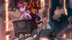 Size: 3543x1994 | Tagged: safe, artist:devi_shade, derpibooru import, oc, oc only, deer, earth pony, pony, antlers, clothes, duo, female, glasses, hat, lava, male, mare, minecart, pickaxe, sweat