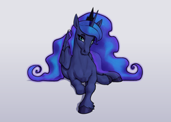 Size: 2800x2000 | Tagged: safe, artist:aquaticvibes, derpibooru import, princess luna, alicorn, pony, g4, female, folded wings, gray background, hoers, looking at you, lying down, mare, prone, simple background, smiling, smiling at you, solo, wings