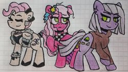 Size: 2080x1178 | Tagged: safe, artist:rosa ushiromiya, derpibooru import, cheerilee, limestone pie, mayor mare, earth pony, pony, g4, 80s, 80s cheerilee, 80s mayor mare, ear piercing, earring, female, graph paper, jewelry, mare, piercing, shipping fuel, traditional art, trio, trio female