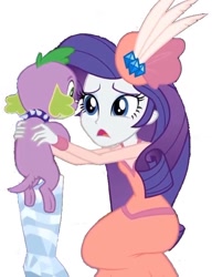 Size: 576x750 | Tagged: safe, derpibooru import, edit, edited screencap, editor:creativityagent99, screencap, rarity, spike, spike the regular dog, dog, human, choose your own ending, equestria girls, g4, rarity investigates: the case of the bedazzled boot, background removed, bedazzled boot, clothes, collar, confused, cufflinks, diamond, dog collar, dress, duo, duo male and female, feather, female, hat, holding a dog, holding a spike, kneeling, long dress, long skirt, long sleeves, male, open mouth, pillbox hat, rarity investigates: the case of the bedazzled boot: trixie, simple background, skirt, spiked collar, white background