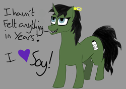 Size: 3508x2480 | Tagged: safe, artist:700kgbenchpress, derpibooru import, oc, oc only, oc:soyim, pony, unicorn, gray background, horn, simple background, solo, speech bubble, text