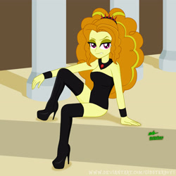 Size: 3840x3840 | Tagged: safe, artist:gibsterboy5, derpibooru import, adagio dazzle, human, undead, vampire, equestria girls, g4, boots, clothes, complex background, eyeshadow, fangs, female, gem, grin, hairband, headband, high heel boots, high heels, high res, indoors, jewelry, leotard, looking at you, makeup, pillar, platform boots, platform heels, platform shoes, rainbow rocks 10th anniversary, raised leg, seductive, shoes, signature, siren gem, sitting, smiling, sneer, solo, thigh boots, wristband