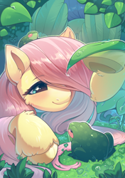 Size: 1748x2480 | Tagged: safe, artist:peachmayflower, derpibooru import, fluttershy, frog, pegasus, pony, g4, blue eyes, blushing, clover, cute, female, frog on head, grass, kindness, leaf, looking at each other, looking at someone, mare, nature, outdoors, plant, pretty, shyabetes, smiling