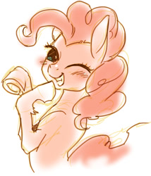 Size: 501x586 | Tagged: safe, artist:pasikon, derpibooru import, pinkie pie, earth pony, pony, g4, blush lines, blushing, doodle, female, giggling, grin, head turn, hoof fluff, looking at you, looking back, looking back at you, mare, one eye closed, raised hooves, simple background, smiling, smiling at you, solo, underhoof, upper body, white background, wink, winking at you