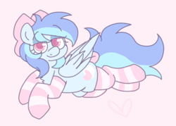 Size: 700x500 | Tagged: artist needed, safe, derpibooru import, oc, oc only, oc:cuddle cloud, pegasus, pony, bow, clothes, female, hair bow, looking at you, mare, pegasus oc, simple background, socks, solo, striped socks, white background