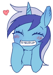 Size: 426x595 | Tagged: safe, artist:pasikon, derpibooru import, minuette, pony, unicorn, g4, ^^, background pony, blue coat, blush lines, blushing, braces, bust, cute, eyes closed, female, grin, heart, holding head, horn, looking at you, mare, simple background, smiling, smiling at you, solo, two toned mane, white background