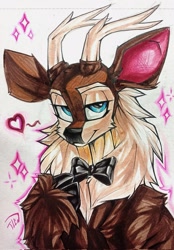 Size: 1423x2048 | Tagged: safe, artist:tlen borowski, derpibooru import, oc, oc only, oc:kevin reindeer, deer, bow, bowtie, bust, clothes, deer oc, heart, non-pony oc, portrait, raised hoof, raised leg, solo, traditional art