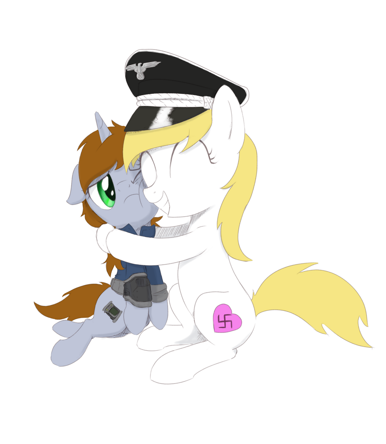 54581 - safe, artist:brisineo, oc, oc:aryanne, oc:littlepip, earth pony,  pony, unicorn, fallout equestria, /mlp/, aryan, aryan pony, blonde,  clothes, cutie mark, eyes closed, fanfic, fanfic art, female, floppy ears,  grin, happy, hat,