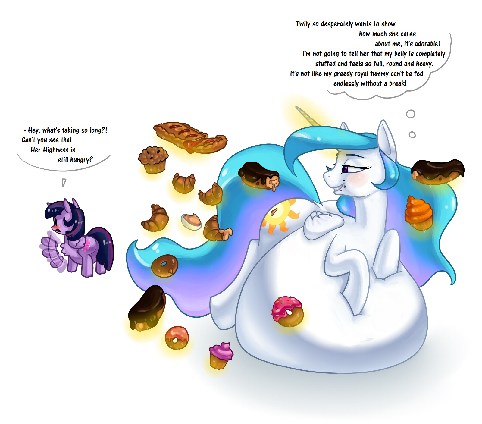 156053 - questionable, artist:cuprumrus, princess celestia, twilight  sparkle, twilight sparkle (alicorn), alicorn, pony, belly, belly bed, big  belly, blushing, cake, cakelestia, cellulight, chubby, chubby cheeks,  chubbylestia, croissant, cupcake, cute ...