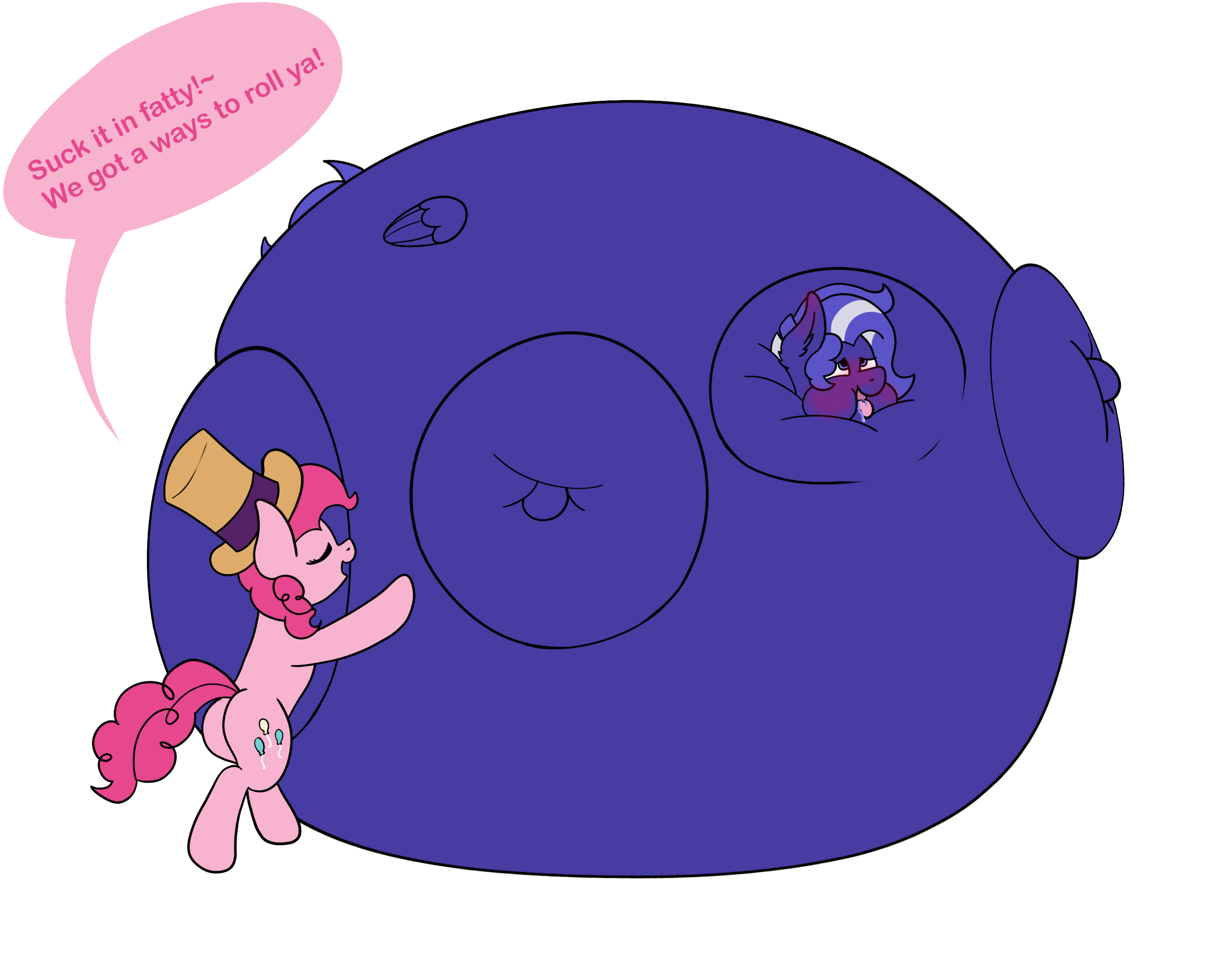 180409 - suggestive, artist:aaathebap, pinkie pie, oc, oc:buttercream,  earth pony, pegasus, pony, belly, blueberry, blueberry inflation, blushing,  drool, duo, fat, fattening, food, hat, helpless, huge butt, immobile,  impossibly large belly, impossibly ...