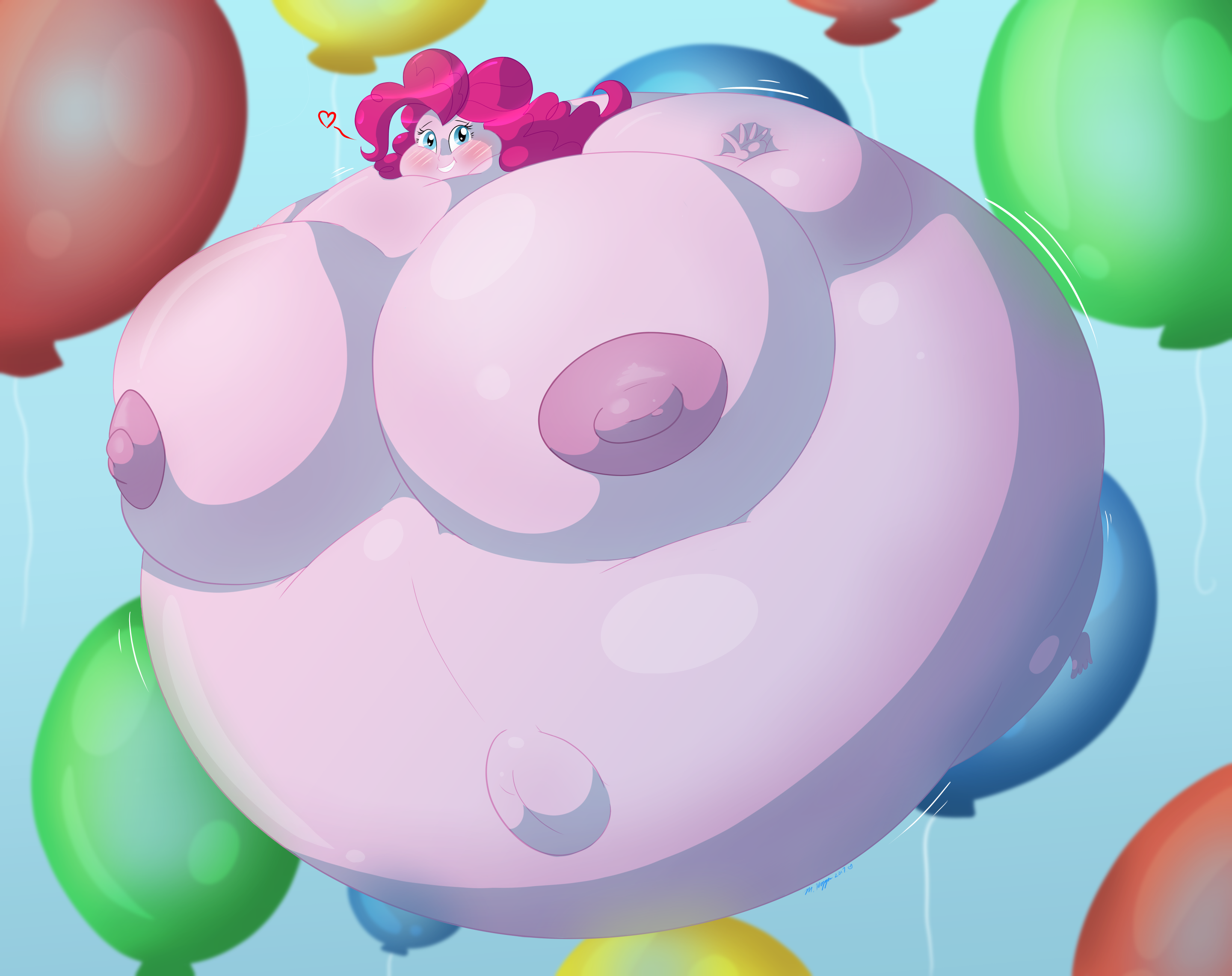 351503 - questionable, artist:necrofeline, pinkie pie, equestria girls,  areola, balloon, balloonie pie, belly button, big areola, big breasts, big  nipples, blushing, breasts, complete nudity, female, floating, floating  heart, grin, heart, huge breasts,