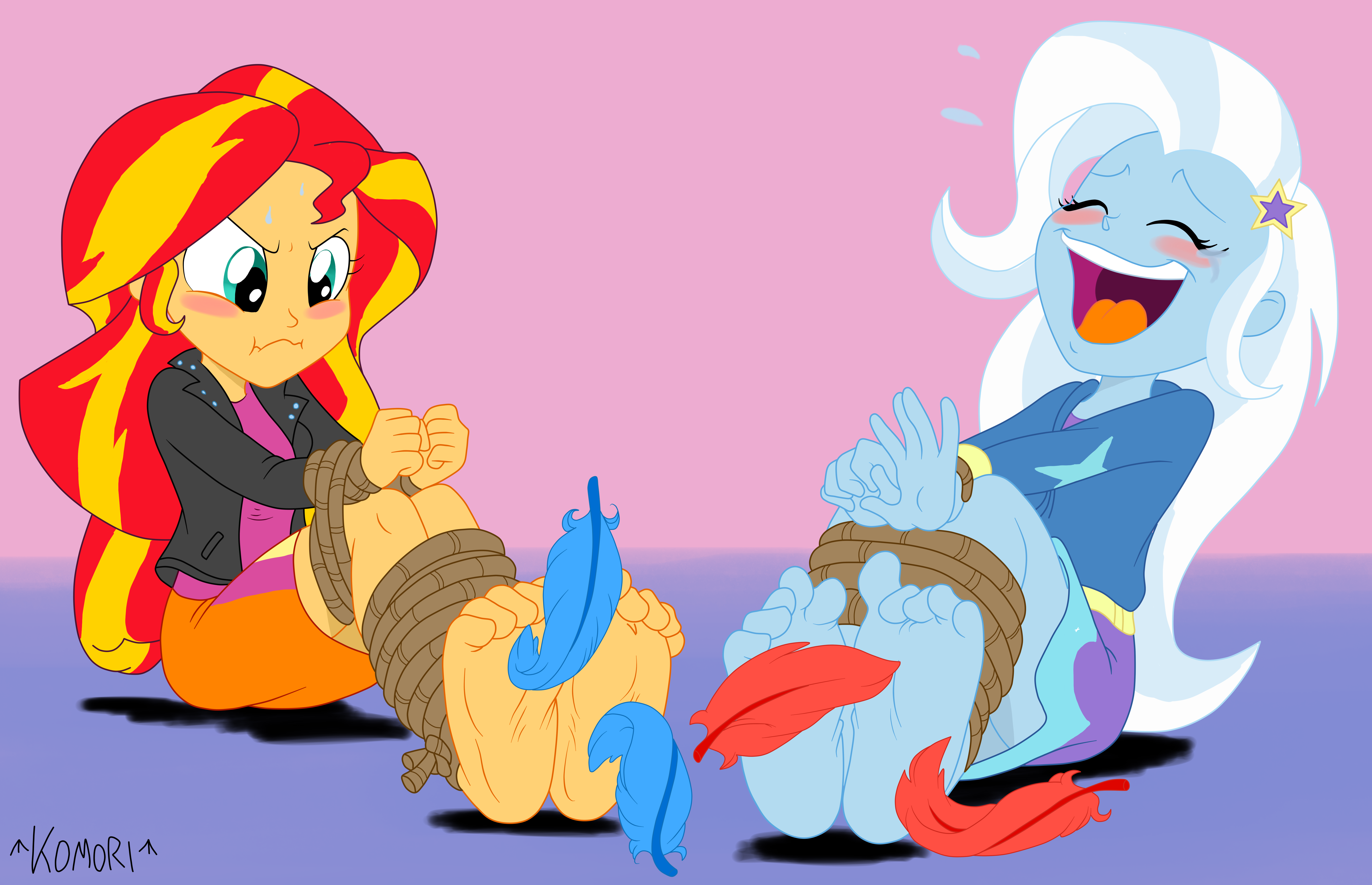 423492 - suggestive, anonymous artist, artist:chaoskomori, derpibooru  import, sunset shimmer, trixie, equestria girls, absurd resolution,  barefoot, blushing, bondage, caught, clothes, crying, curled toes, eyes  closed, feather, feet, female, females ...