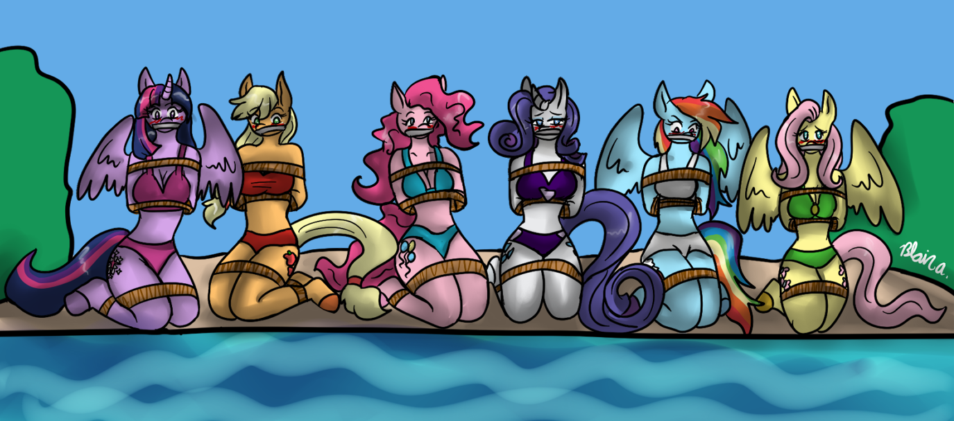 1178514 - suggestive, artist:wrytergirl, applejack, fluttershy, pinkie pie,  rainbow dash, rarity, twilight sparkle, twilight sparkle (alicorn),  alicorn, anthro, unguligrade anthro, bikini, blushing, bondage, box tied,  breast bondage, breasts, cleavage ...