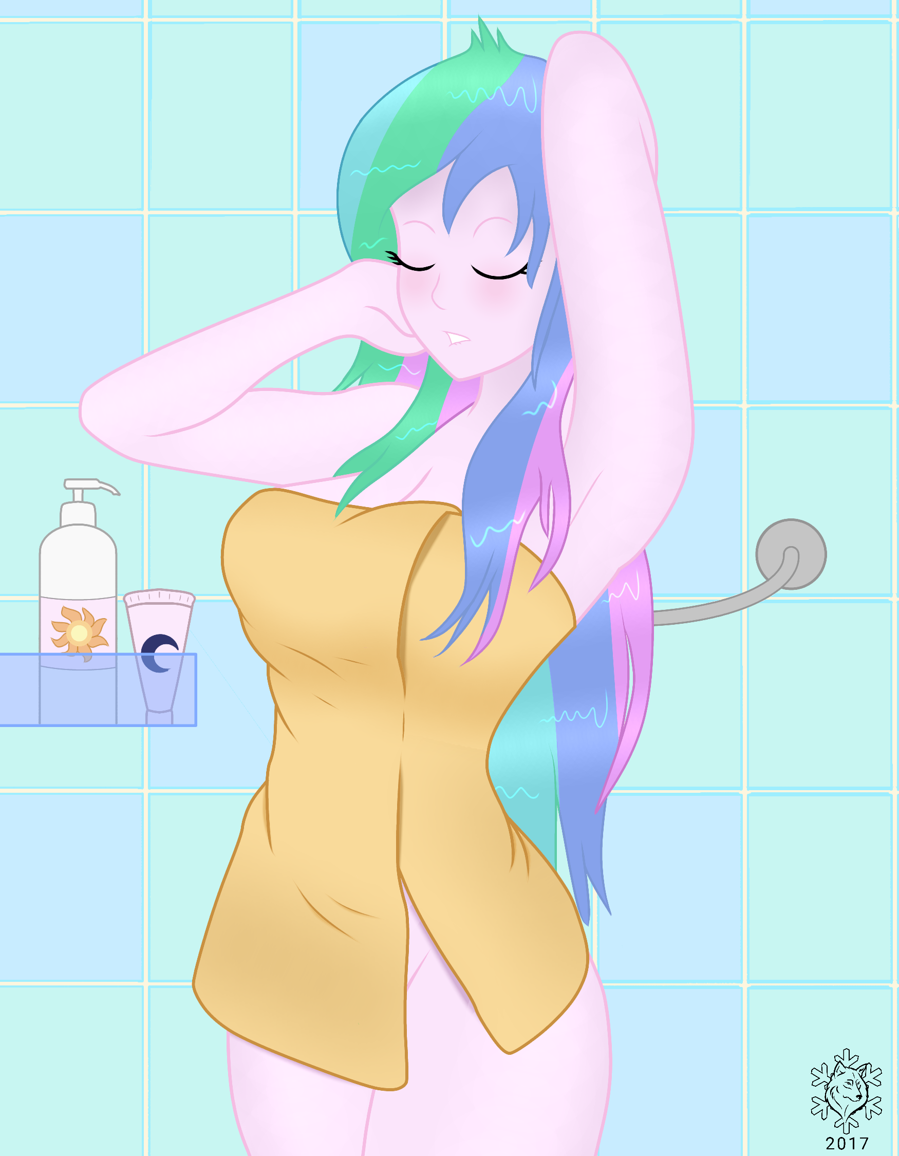 1520837 - suggestive, artist:fimbulvinter, princess celestia, principal  celestia, equestria girls, arm behind head, armpits, breasts, conditioner,  covered, eyes closed, female, implied nudity, lip bite, princess breastia,  sexy, shampoo, shower, solo ...