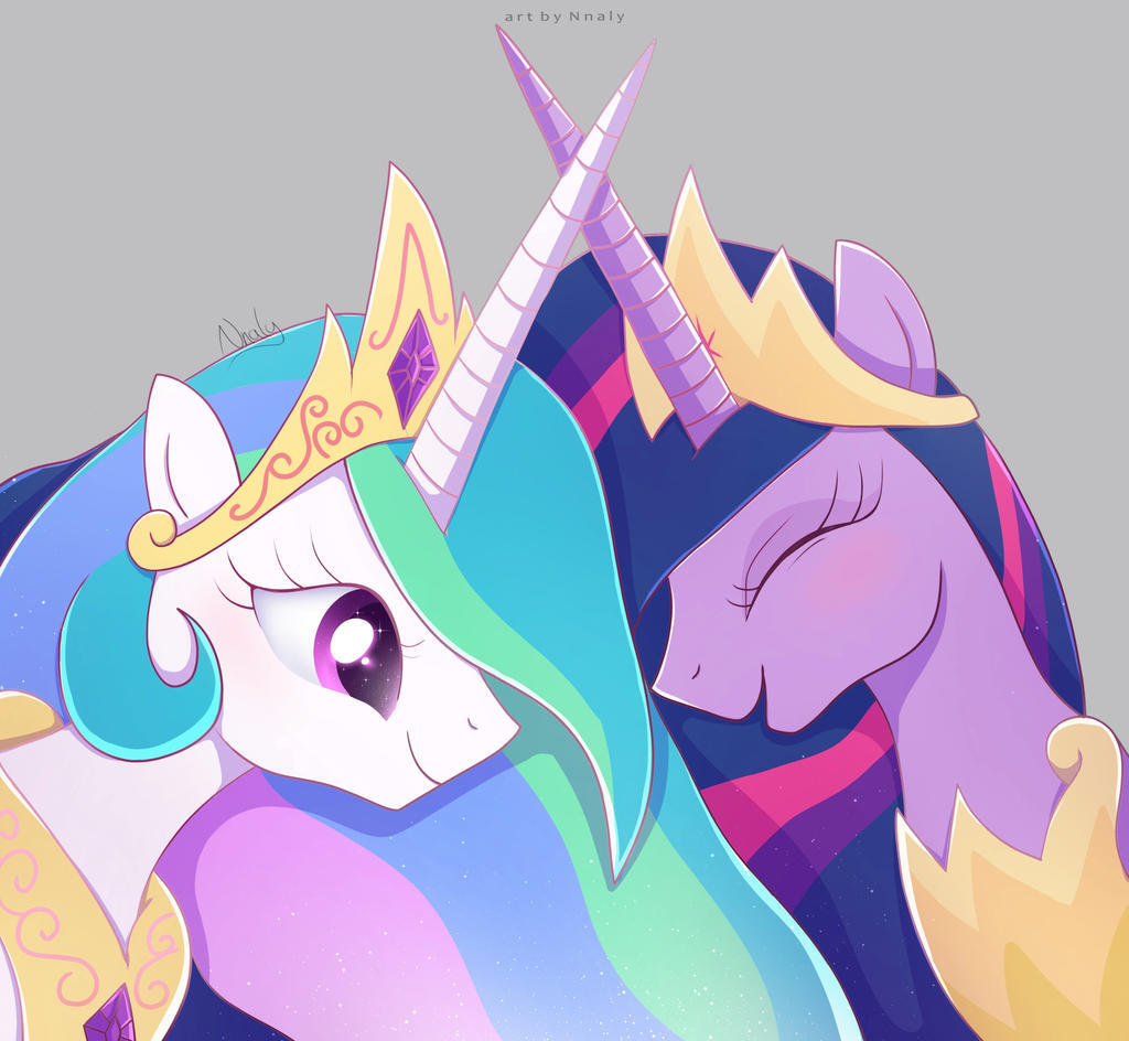 2763458 - safe, artist:nnaly, derpibooru import, princess celestia, princess  twilight 2.0, twilight sparkle, twilight sparkle (alicorn), alicorn, pony,  the last problem, blushing, crown, duo, eyes closed, female, gray  background, jewelry, laughing, mare,