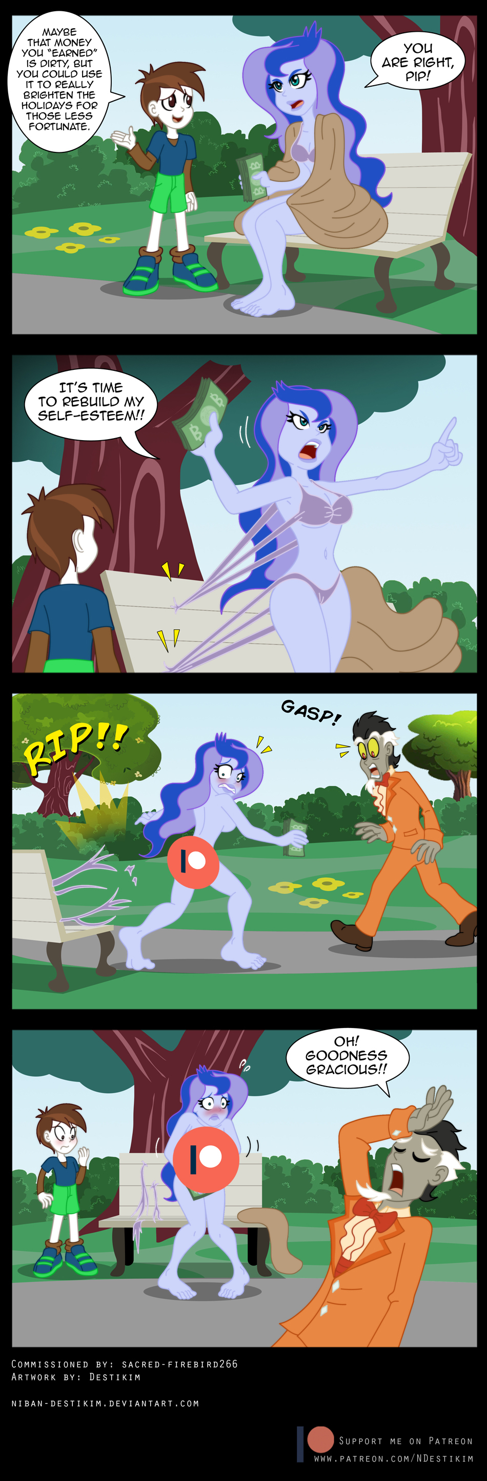 2832282 - questionable, artist:niban-destikim, discord, pipsqueak, princess  luna, vice principal luna, equestria girls, bench, blushing, bra, clothed  male nude female, comic, embarrassed, embarrassed nude exposure, equestria  girls-ified, exhibitionism ...